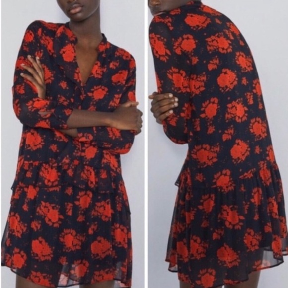 Zara Dresses & Skirts - Zara Red/Black Floral LongSleeved Dress